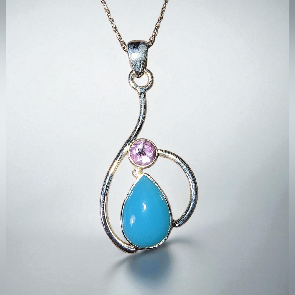 Blue Chalcedony, Amethyst & Sterling Silver Pendant Necklace